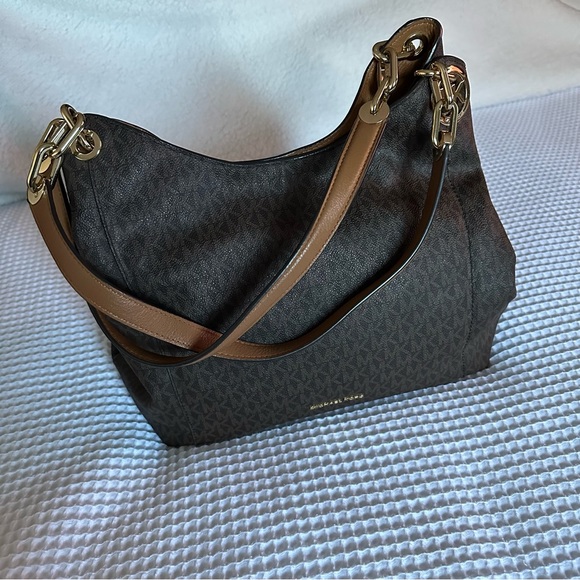 Michael Kors Fulton Large Signature Charm Hobo Shoulder Bag Tote Brown MK Logo - Picture 3 of 16